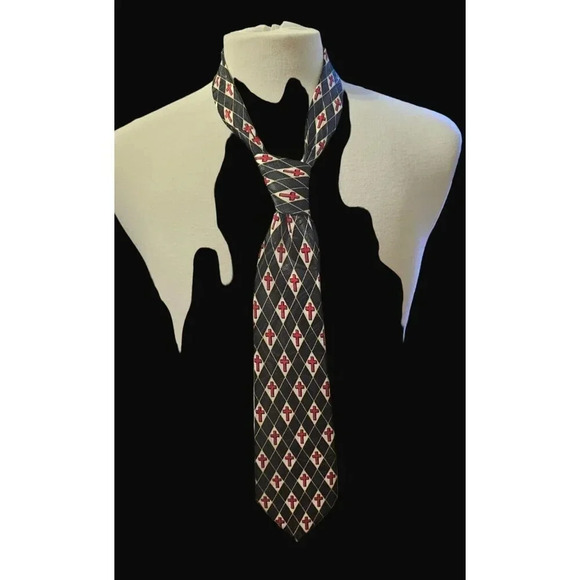 Steven Harris Black Tie - Red Christian Cross Gold Diamond Stripes Korea - Picture 1 of 7